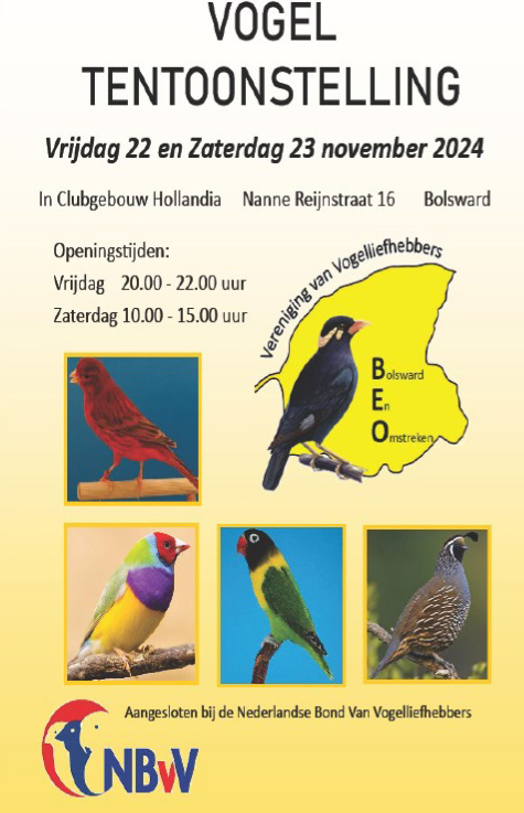 VOGELSHOW IN BOLSWARD OP 22 EN 23 NOVEMBER